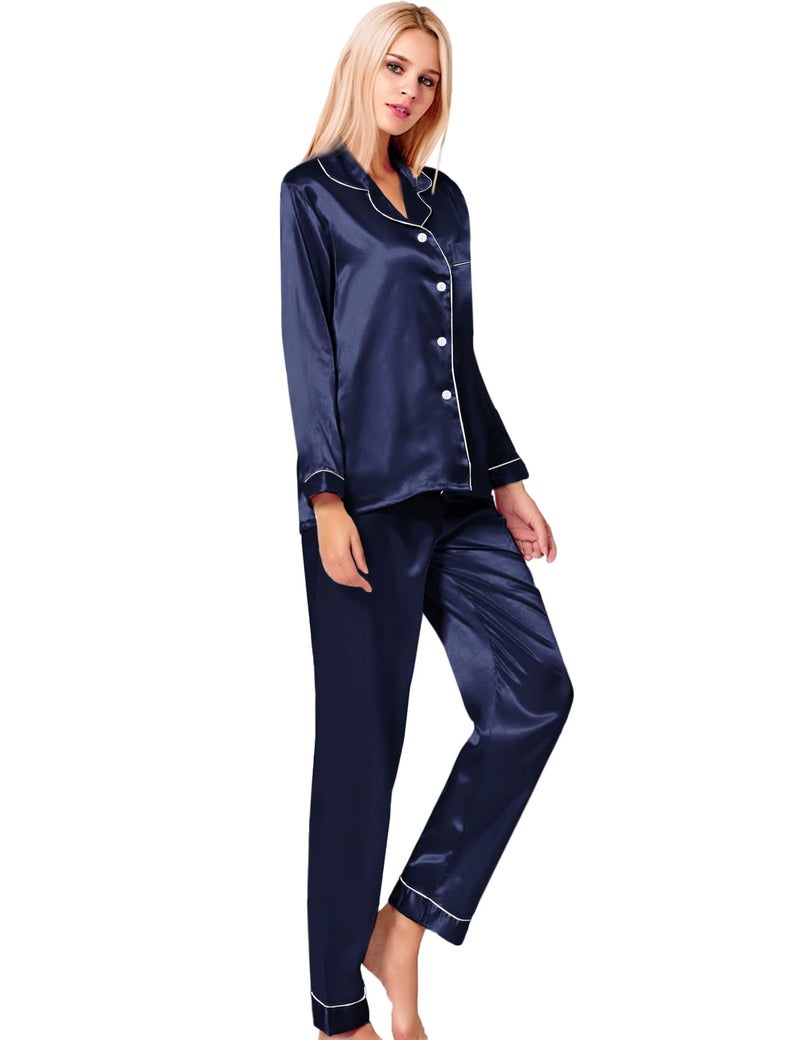 SWOMOG Womens Silk Satin Pajamas Long Sleeve Loungewear Two-Piece Sleepwear Button-Down Pj Set Deep Navy Blue - Image 4